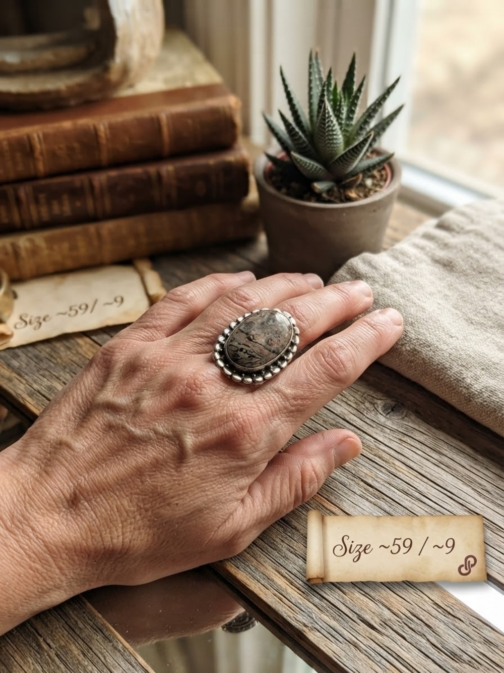 Vintage 925 Sterling Silver Leopard Skin Jasper Ring Sz 9